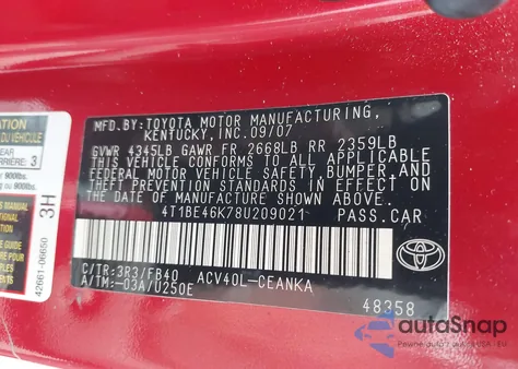 2008 Toyota Camry Le из США, поврежденный, VIN 4T1BE46K78U209021